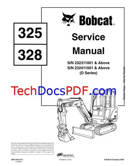 Bobcat 325, 328 Excavator (D Series) Service Manual 6901138 (6-12)
