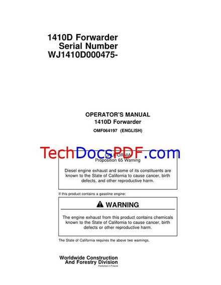 John Deere 1410D Forwarder Operators Manual (OMF064197)
