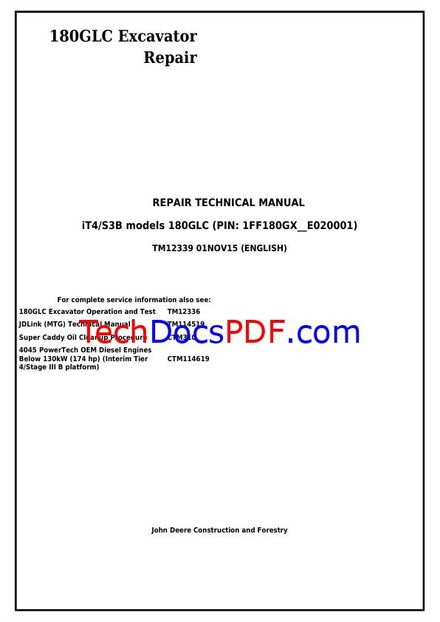 John Deere 180GLC Excavator 2015 (Repair) Service Manual (PN TM12339) - Full Guide