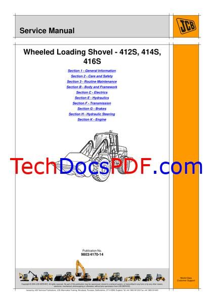 JCB 412S, 414S, 416S Wheeled Loading Shovel Service Manual (9803/4170)