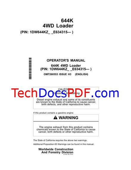 John Deere 644K 4WD Loader Operators Manual (OMT260553 H3)