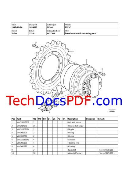 Volvo EC15C Compact Excavator SN 1533 and up Parts Manual