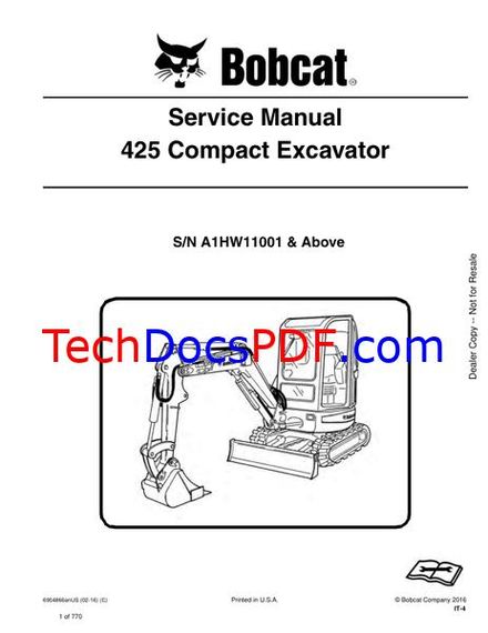 Bobcat 425 Compact Excavator Service Manual (6904866enUS 2016)