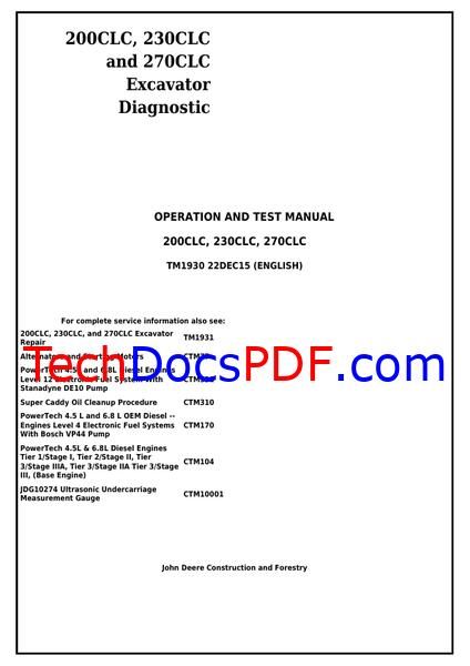 John Deere 200CLC, 230CLC and 270CLC Excavator Diagnostic Operation and Test Manual (TM1930)