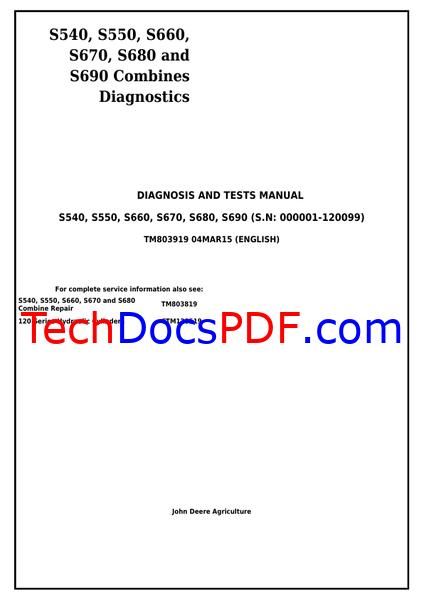 JOHN DEERE S540, S550, S660, S670, S680, S690 Combines Diagnostics and Tests Service Manual TM80391