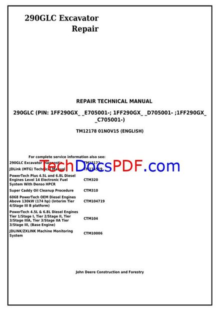 JOHN DEERE 290GLC EXCAVATOR (REPAIR) SERVICE MANUAL (TM12178)