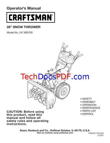 CRAFTSMAN 26 SNOW THROWER MODEL NO. 247.883700 OWNERS MANUAL (PN 769-03346)