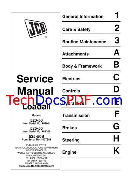 JCB 520-50, 525-50, 525-50S Loadall Service Manual (9803/3620-9)