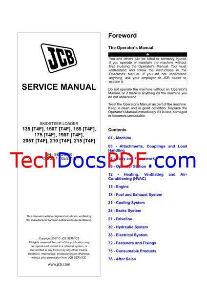 JCB 135-215 [T4F] Skidsteer Loader Service Manual (9813/9750)