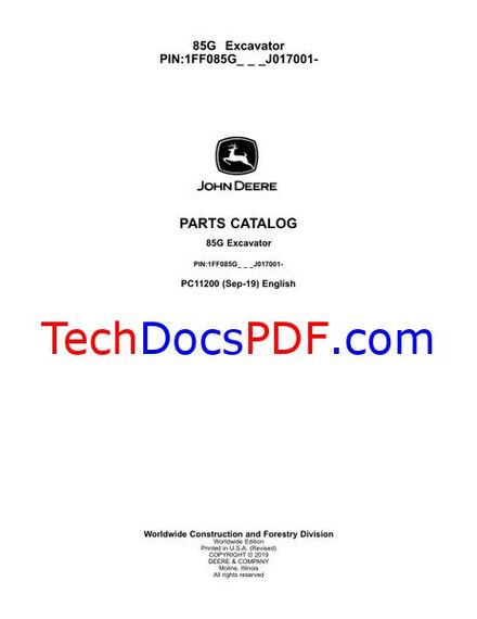 John Deere 85G Excavator Parts Catalog (PC11200)
