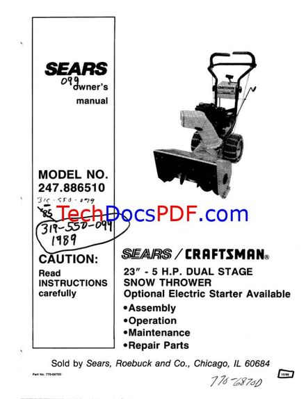 Craftsman Sears 23&quot; Snow Thrower - Model 247.886510 Owner’s Manual