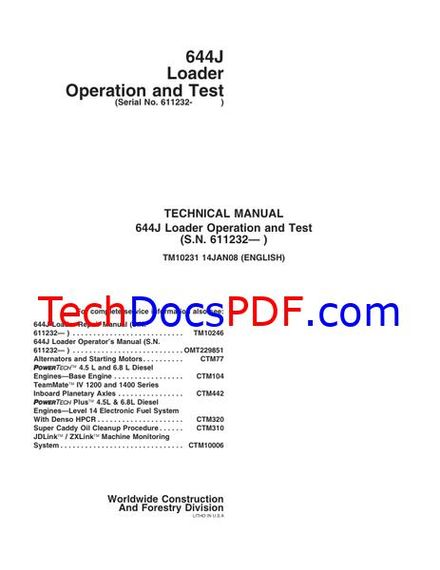 John Deere 644J Loader Operation and Test Technical Manual (TM10231)