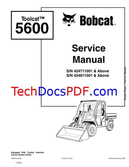 Bobcat 5600 Toolcat SN 424711001 &amp; Above, 424811001 &amp; Above Service Manual (6902819)