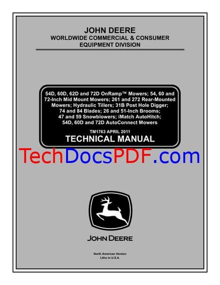 John Deere 54D-72D Mowers, Tillers, Blades &amp; Snowblowers Technical Manual PDF (TM1763 2011)