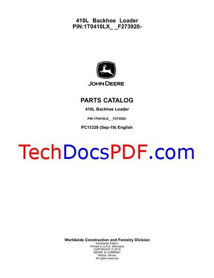 John Deere 410L Backhoe Loaders Parts Catalog (PC11329)