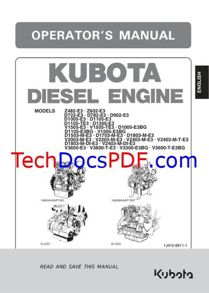 Kubota Diesel Engine Operator’s Manual – Models Z482-E3 to V3600-E3, TE3/E3BG