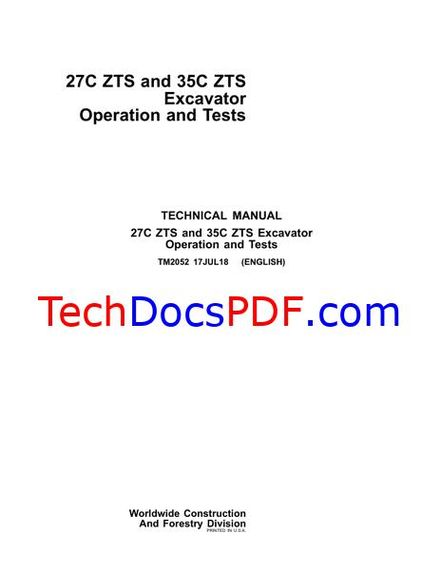 John Deere 27C ZTS and 35C ZTS Excavator Operation and Tests Technical Manual (TM2052)