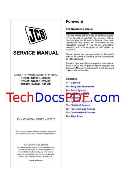 JCB S1530E, S1930E, S2032E, S2046E, S2632E, S2646E, S3246E, S4046E, S4550E MEWP Service Manual