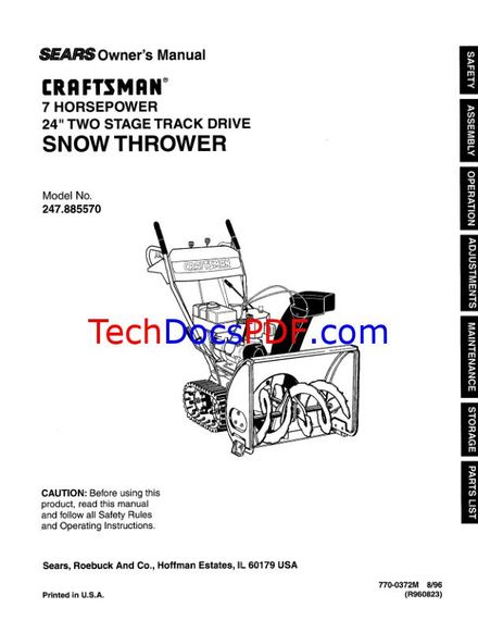 CRAFTSMAN SEARS 24 TWO STAGE TRACK DRIVE SNOW THROWER 7HP OWNERS MANUAL (PN 770-0372M)