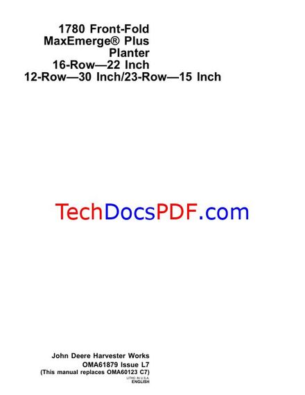 John Deere 1780 Front-Fold MaxEmerge Plus Planter Operator Manual (OMA61879)