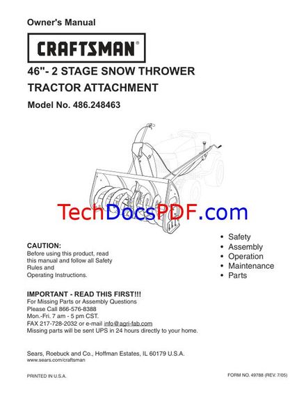 CRAFTSMAN 46 TWO-STAGE SNOW THROWER TRACTOR ATTACHMENT MODEL NO. 486.248463 OWNERS MANUAL (PN 49788)