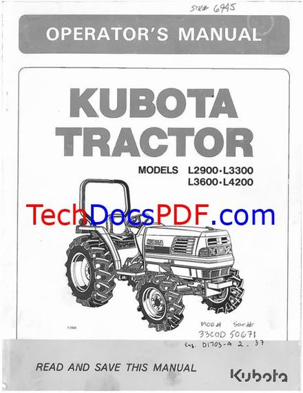 Kubota Tractor L2900, L3300, L3600, L4200 Operators Manual (TA040-1971-1)