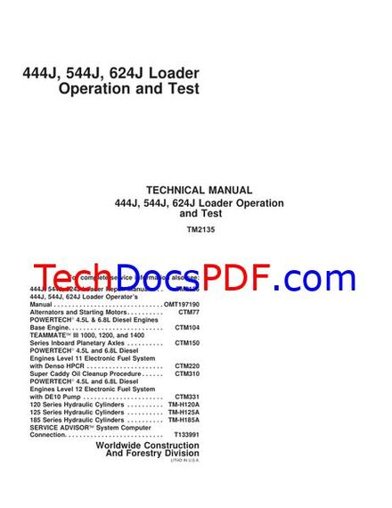 John Deere 444J, 544J and 624J Loader Operation and Test Technical Manual (TM2135)