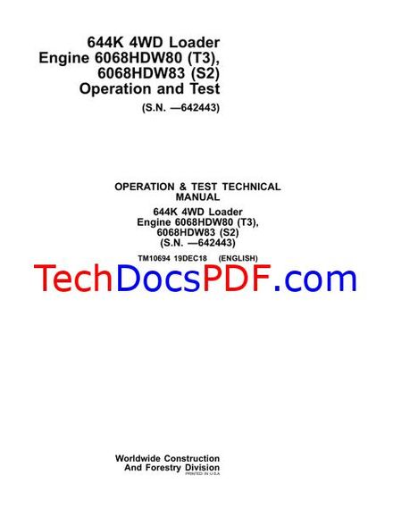 John Deere 644K 4WD Loader 6068HDW80, 6068HDW83 Operation and Test Technical Manual (TM10694)