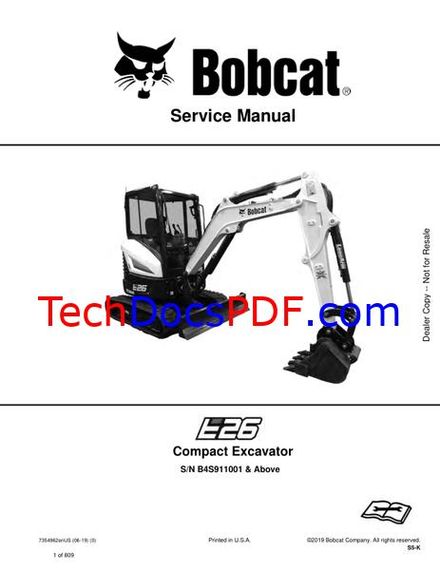 Bobcat E26 Compact Excavator Service Manual – FOPS cab &amp; HVAC upgrades (7354962enUS)