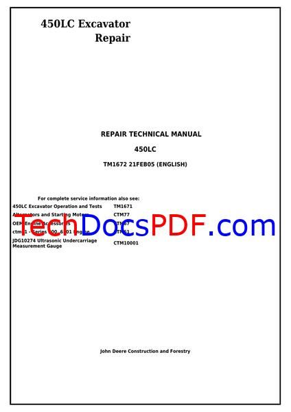 John Deere 450LC Excavator Repair Technical Manual (TM1672)