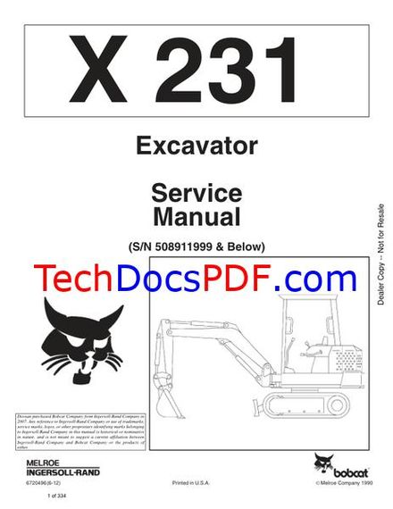 Bobcat X231 Excavator Service Manual (6720496)