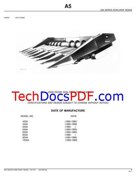 John Deere 853A ROW-CROP HEAD Parts Manual (PC1747)