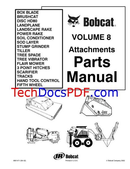 Bobcat Attachments Volume 8 Parts Manual Box Blade, Brushcat, Disc, Landplane, Power Rake and more
