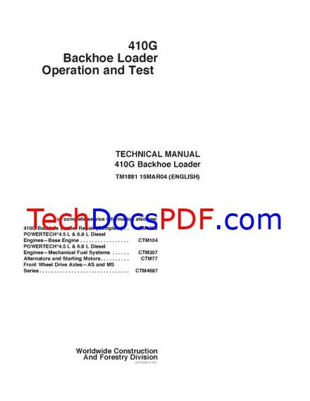 John Deere 410G Backhoe Loader Operation and Test Technical Manual (TM1881)
