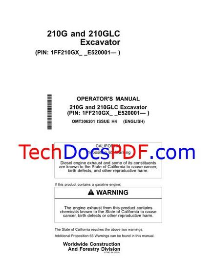 John Deere 210G and 210GLC Excavator Operators Manual (OMT306201)
