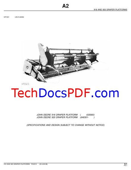 John Deere 918 and 920 Draper Platform Parts Manual (PC2212)