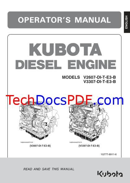 Kubota V2607-DI-T-E3-B and V3307-DI-T-E3-B Diesel Engine Operators Manual (1G777-8911-6)