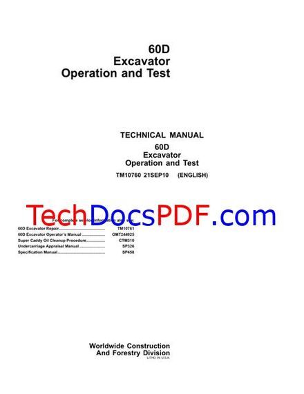 John Deere 60D Excavator Operation and Test Technical Manual (TM10760)
