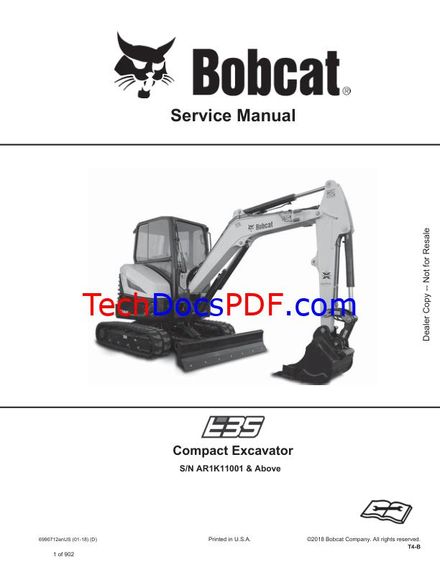 Bobcat E35 Compact Excavator Service Manual &amp; Wiring Schematic 2018
