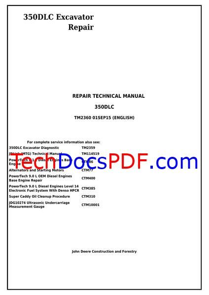 John Deere 350DLC Excavator Repair Technical Manual (TM2360)
