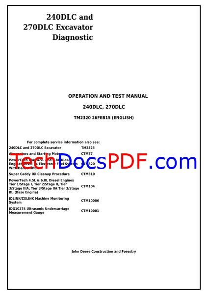 John Deere 240DLC and 270DLC Excavator Diagnostic Operation and Test Manual (TM2320)