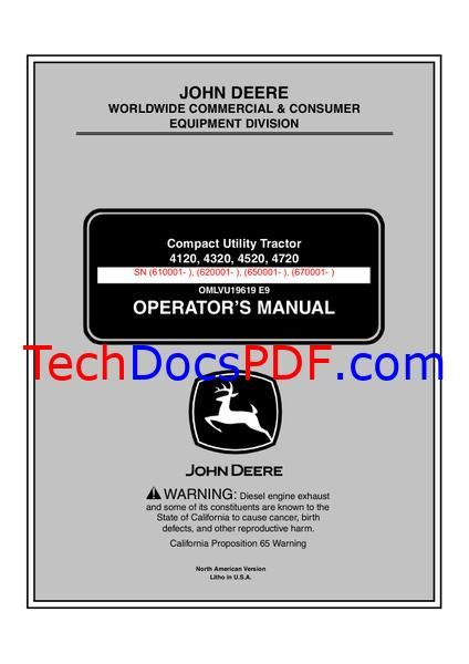 John Deere 4120-4720 Compact Tractor Operator&#x27;s Manual OMLVU19619 E9