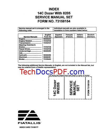 FIAT ALLIS 14C DOZER &amp; 8205 ENGINE &amp; ELECTRICAL SYSTEMS SERVICE MANUAL
