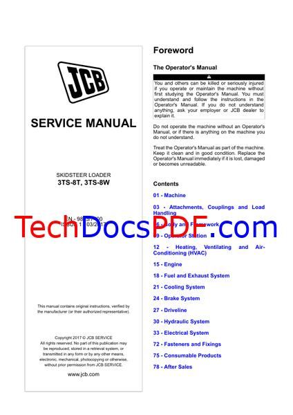 JCB 3TS-8T, 3TS-8W Skid Steer Loader Service Manual (9813/7400)
