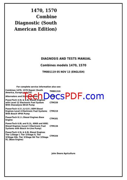 JOHN DEERE 1470 1570 W330 COMBINE (DIAGNOSIS &amp; TESTS) SERVICE MANUAL (TM801119)