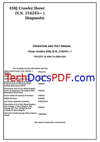 John Deere 450J Crawler Dozer Diagnostic Operation and Test Manual (TM12272)