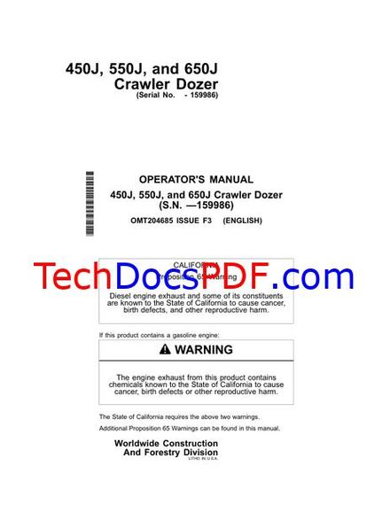 John Deere 450J, 550J and 650J Crawler Dozer Operators Manual (OMT204685)