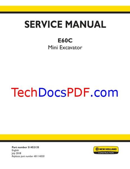 New Holland E60C Mini Excavator Tier 4 Final Service Manual PDF (51452135)