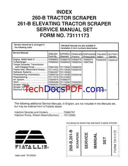 FIAT ALLIS 260-B &amp; 261-B Tractor Scraper Service Manual