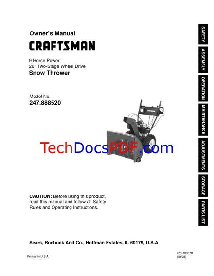 CRAFTSMAN 26 TWO-STAGE WHEEL DRIVE SNOW THROWER 9HP OWNERS MANUAL (PN 770-10057B)